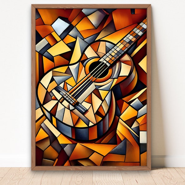 Impression d'art mural style Picasso, guitare vintage abstraite, impression d'artiste célèbre, impression numérique guitare cubisme, affiche inspirée de Picasso