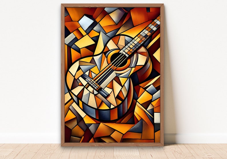 Abstrakte Vintage Gitarre im Picasso-Stil, hochwertiger Künstlerdruck, Kubismus-Gitarren-Digitaldruck, Picasso-inspiriertes Poster Bild 1