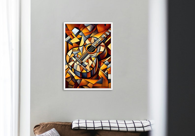 Abstrakte Vintage Gitarre im Picasso-Stil, hochwertiger Künstlerdruck, Kubismus-Gitarren-Digitaldruck, Picasso-inspiriertes Poster Bild 2