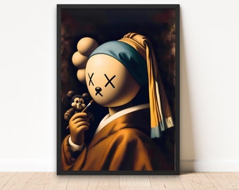 Affiche KAWS fille avec une boucle d'oreille en nacre, affiche imprimable Hypebeast Kaws, affiche impression Kaws, art mural Kaws, téléchargement numérique Kaws