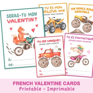 FRENCH Valentine's Day Printable Kids Cards, Monster Trucks, Motorcycle and ATV, Fox, Rabbit, Classroom Valentines, St-Valentin en Français