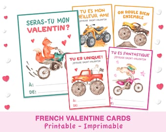 French Valentine&#39;s Day Printable Kids Cards, Monster Trucks, Motorcycle and ATV, Fox, Rabbit, Classroom Valentines, St-Valentin en Français