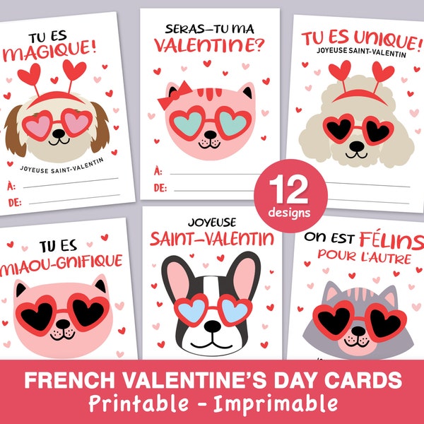 Cartes de Saint-Valentin imprimable en FRANÇAIS, Chien et Chats mignon, FRENCH Classroom Valentine's Day Kids Cards, Mini Cartes, Gift tags