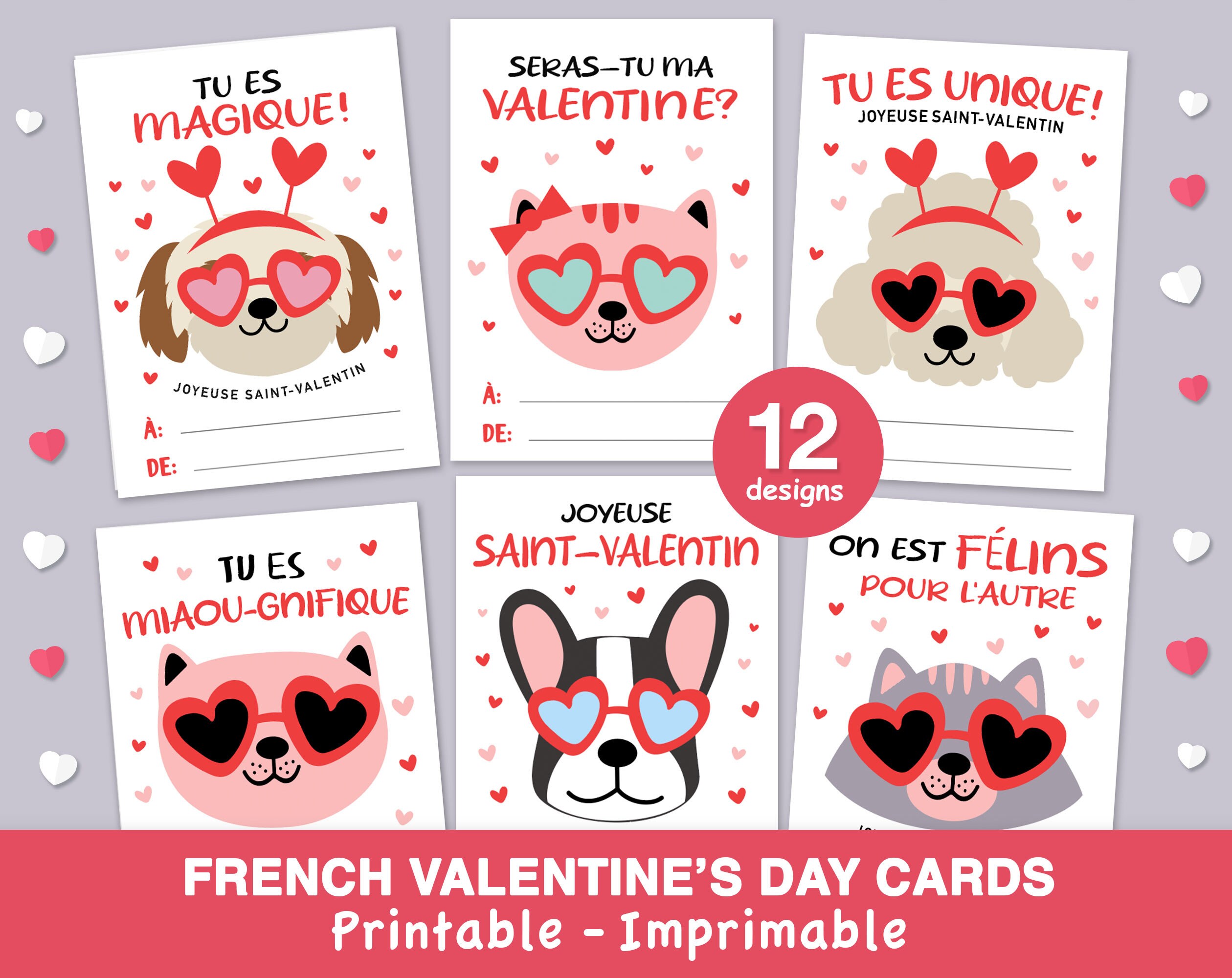Printable Valentine's Day Cards in FRENCH, Cute Dog and Cats, French Classroom Valentine's Day Kids Cards, Mini Cards, Gift tags