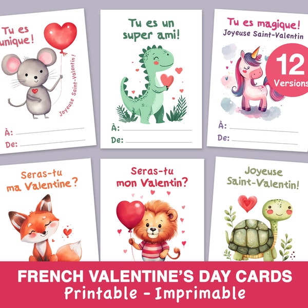 Cartes de Saint-Valentin imprimable en FRANÇAIS, Mini Cartes St-Valentin Animaux | FRENCH Valentine's Day Printable Kids Cards, Classroom