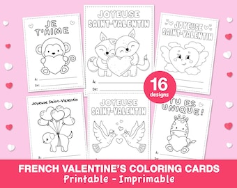 French Valentine&#39;s Day Printable Coloring Cards, Kids Valentines Cards, Classroom Cards, Cartes de St-Valentin à imprimer en français