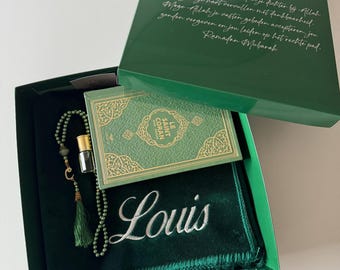 Personalized Green Islamic Gift Set, Embroidered Prayer Mat with Name, Gift for Ramadan, Eid, Wedding and Umrah, Islamic Gift Idea