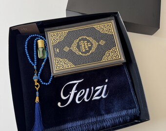 Personalized Islamic Gift Set, Sajada Prayer Mat Embroidered with Name, Gift Idea for Weddings, Conversions, Umrah, Eid and Births