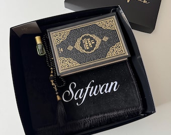 Personalized Black Islamic Gift Set, Embroidered Prayer Mat with Name, Gift for Ramadan, Eid, Wedding and Umrah, Islamic Gift