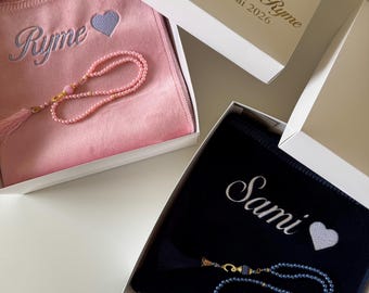 Personalisierter Gebetsteppich, Gebetsteppich, Ramadan-Set, Nikah-Geschenk, Eid-Mubarak-Geschenk, Islamische Hochzeitsgeschenke, Islamisches Geschenk