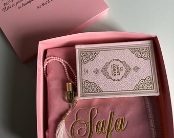 Personalized Islamic Gift Set in Pink, Embroidered Prayer Mat with Name, Gift for Ramadan, Eid, Wedding and Umrah, Islamic Gift Idea