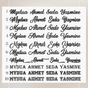 K&ouml;nnte beinhalten: Eine Schriftarten-Auswahltabelle mit dem Titel Polices/Yazı stili, die zehn nummerierte Textzeilen zeigt. Jede Zeile enth&auml;lt die Namen Mydua, Ahmet, Seda und Yasmine in verschiedenen schwarzen Schriftarten, von Kursiv bis hin zu fetten Blockbuchstaben.