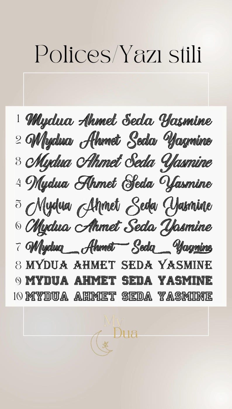 K&ouml;nnte beinhalten: Eine Schriftarten-Auswahltabelle mit dem Titel Polices/Yazı stili, die zehn nummerierte Textzeilen zeigt. Jede Zeile enth&auml;lt die Namen Mydua, Ahmet, Seda und Yasmine in verschiedenen schwarzen Schriftarten, von Kursiv bis hin zu fetten Blockbuchstaben.