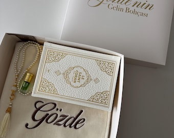 Personalized White Gelin Bohçası Gift Set, Embroidered Prayer Mat with Name, Muslim Wedding and Engagement Gift, Islamic Gift