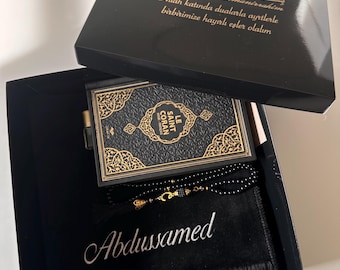 Personalized Black Damat Bohçası Prayer Mat, Embroidered with Name, Muslim Wedding, Engagement and Birth Gift