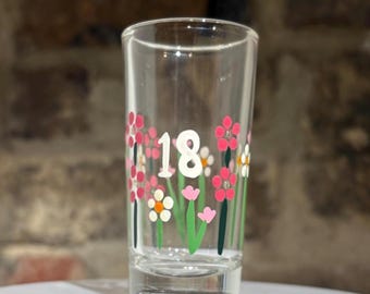 hand painted personalised 18th birthday shot glass pink flowers