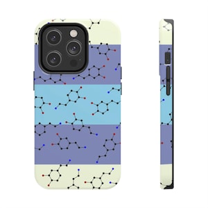 May include: A phone case with a colorful striped design featuring a repeating pattern of chemical molecules. The case is designed to fit a smartphone with a triple camera lens.