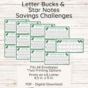Letter Bucks & Star Notes Savings Challenges - PDF Printable - Fits A6 Envelopes