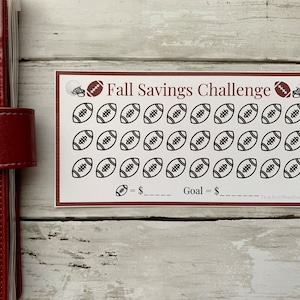 May include: A printable Fall Savings Challenge tracker with a football theme. The tracker has 36 football icons to color in as you save money. The text on the tracker reads "Fall Savings Challenge", "$ =", "Goal = $".