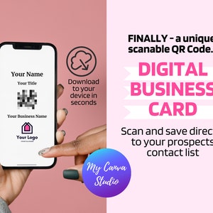 Digitale Visitenkarten Canva-Vorlage mit QR-Code, einfach anzupassen im kostenlosen Canva-Konto, Speichern auf Ihrem Telefonsperrbildschirm für Scan & Click