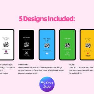 May include: Five different designs for a digital business card template. Each design features a black and white QR code, a business name, a title, and a logo. The designs are displayed on a white background with a pink border.