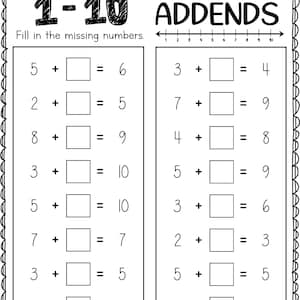 Könnte beinhalten: Schwarz-weiß-Arbeitsblatt mit dem Titel "MISSING ADDENDS" und den Zahlen 1-10. Es enthält Additionsaufgaben mit fehlenden Summanden, die von Schülern gelöst werden sollen. Das Arbeitsblatt ist für Grundschüler konzipiert.