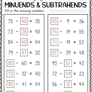 Subtraction Practice Worksheets: Missing Numbers Within 100 (PDF ...