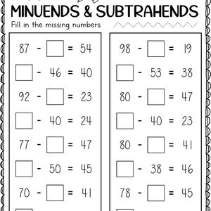 Può includere: Un foglio di lavoro in bianco e nero intitolato "MISSING MINUENDS & SUBTRAHENDS" con problemi di sottrazione. Il foglio di lavoro include problemi di sottrazione con numeri mancanti da completare. Una matita e un righello sono nell'angolo in alto a destra.