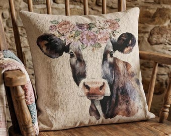 Cojín tejido con forma de vaca / Cojín decorativo estilo granja / Cojín tapiz con forma de vaca / Decoración de pared con motivos de animales estilo cottagecore / Regalo de lujo campestre para amantes de las vacas