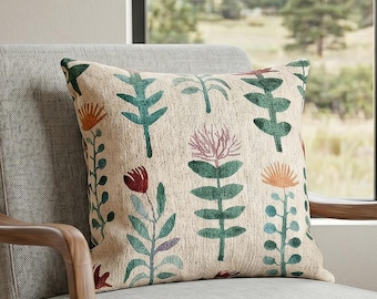 Woven Floral Throw Pillow, Hand Drawn Flower Cushion, Textured Botanical Accent Pillow, Cottagecore Meadow Home Decor, Housewarming Gift