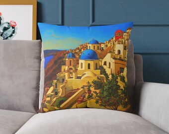 Poduszka z płótna Santorini, Poduszka z płótna Grecja, Poduszka Europa, Wystrój Europy, Wystrój niebieski, Poduszka z motywem nadmorskim Blue Dome