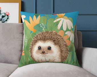 Smiling Hedgehog Floral Pillow | Square Poly Canvas Pillow, Hedgehog pillow, Animal Nursery Decor, Nursery Cushion, Hedgehog Cushion