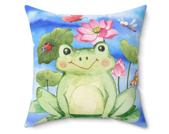 Whimsical Frog Watercolor Throw Pillow Cover, Spring decor, Garden decor, kids room decor