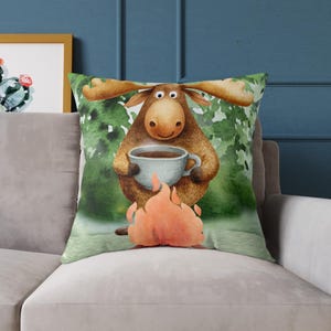 Moose Holding Coffee Canvas Pillow | Cute Woodland Animal Throw Pillow, Cute Moose Pillow, Cabin Moose, Cabin Moose Cushion, Cabin Decor