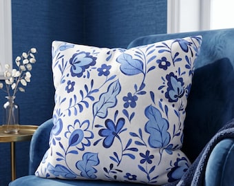 Blue Watercolor Floral Pillow, Folk Art Botanical Cushion, Whimsical Blue Leaf Throw Pillow, Bright Coastal Decor Hand Painted Floral Accent