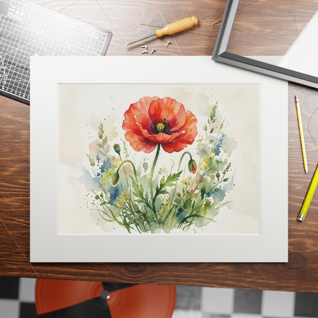 Red Poppy Watercolor Art Print With Passepartout | Matted Floral Wall ...