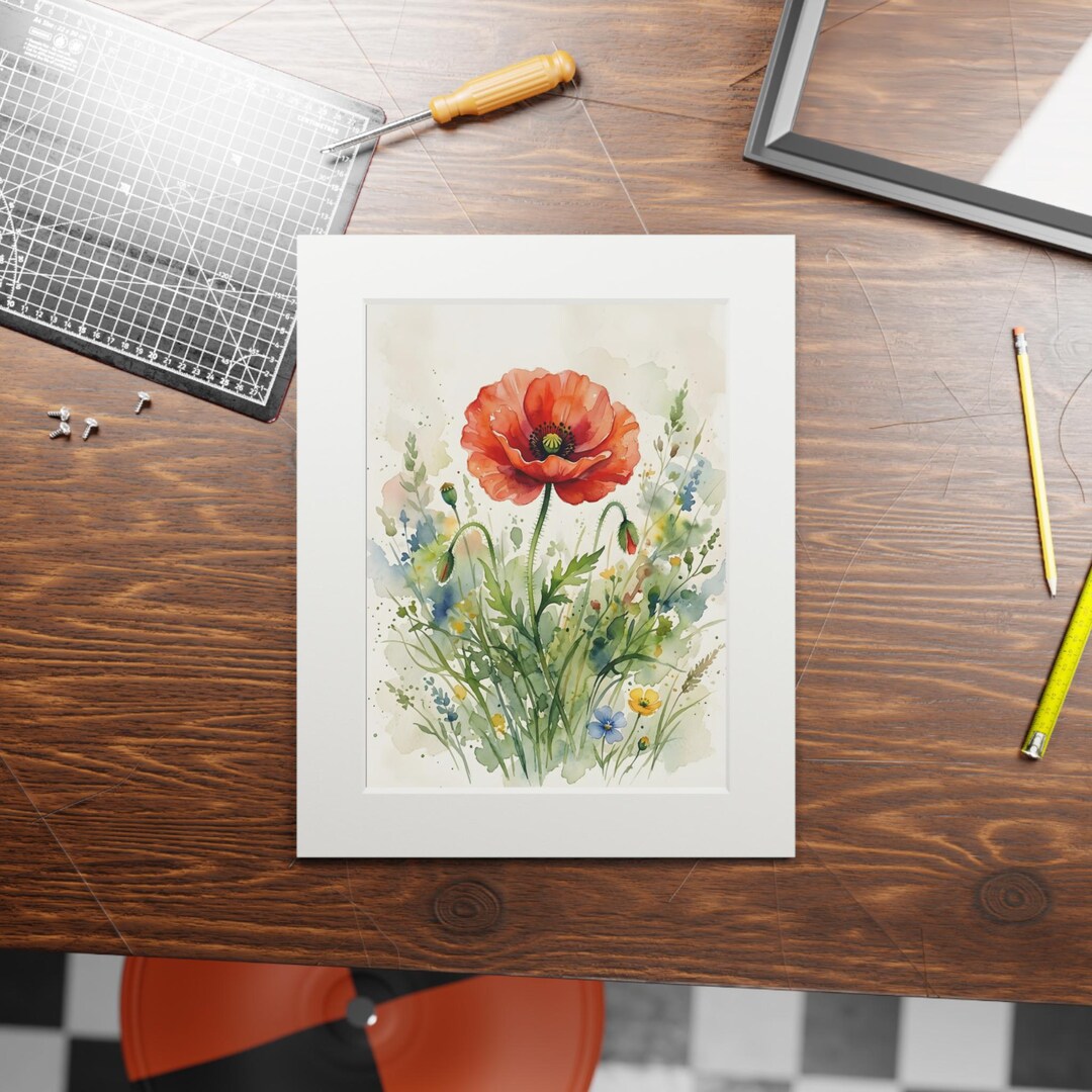 Red Poppy Watercolor Art Print With Passepartout | Matted Botanical ...