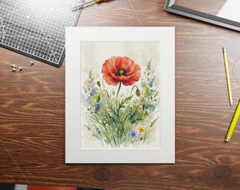 Red Poppy Watercolor Art Print with Passepartout | Matted Botanical Wall Art | Professional Paper Frame Floral Print | Red Flower Home Decor