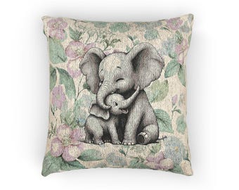 Coussin décoratif à motif éléphanteau | Coussin tissé décoratif maman éléphant et son bébé éléphant, coussin pour chambre d'enfant, coussin safari