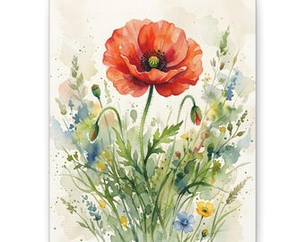 Red Poppy Watercolor Painting Canvas Print | Botanical Home Decor | Red Wildflower Canvas Print | Living Room Wall Decor