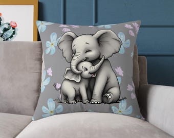 Coussin décoratif en toile pour maman et bébé éléphant | Coussin carré, décoration florale pour chambre de bébé, joli coussin bébé éléphant