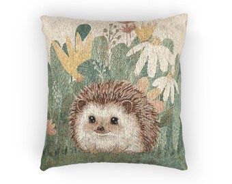 Smiling Hedgehog Woven Pillow | Botanical Cottagecore Throw Pillow, Hedgehog with Flowers, Hedgehog Nursery Pillow, Spring pillow