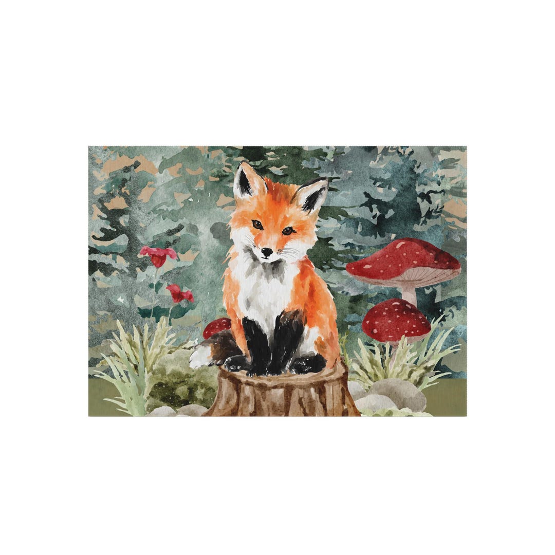 Woodland Fox Outdoor Rug | Fox, Mushrooms, Forest Scene, Fox Rug - Etsy