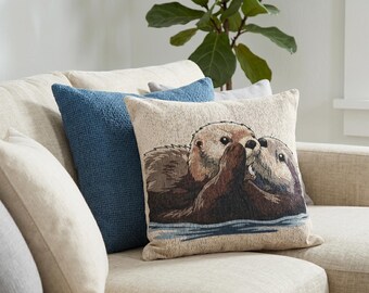 Sea Otter Woven Pillow | Mother otter and baby, Coastal Animal Throw Pillow, Animal Nursing Throw Pillow, Cute sea otter pillow