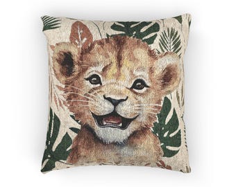 Smiling Lion Cub Woven Pillow, Tapestry Animal Nursery Decor, Cute Baby Lion Cushion, Safari Nursery Throw Pillow, Safari pillow