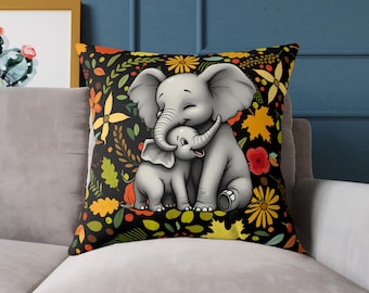 Elephant Mom and Baby Canvas Throw Pillow | Square Poly Canvas Pillow, Floral Pattern, Cute Baby Elephant Cushion, Black Decor