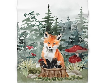 Watercolor Fox in Forest Sherpa Fleece Blanket | Woodland Fox Blanket, Cute Fox Blanket, Cabin Decor, Baby Blanket, Baby room decor