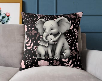 Elephant Mama and Baby Canvas Throw Pillow | Square Poly Canvas Pillow, Cute Baby Elephant Cushion, Black Decor, Mom and baby pillow