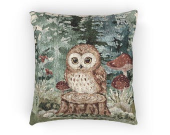 Woodland Owl Woven Pillow | Cute Owl Throw Pillow, Owl Nursery Pillow, Rustic Forest Mushroom Tapestry Accent, Owl Cushion