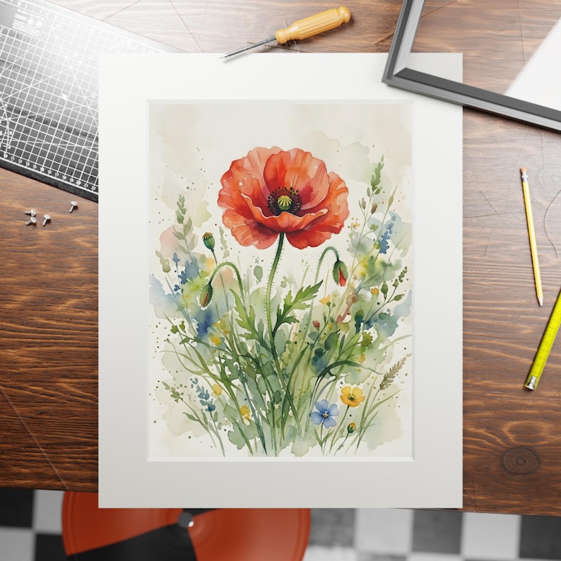 Red Poppy Watercolor Art Print With Passepartout | Matted Botanical ...